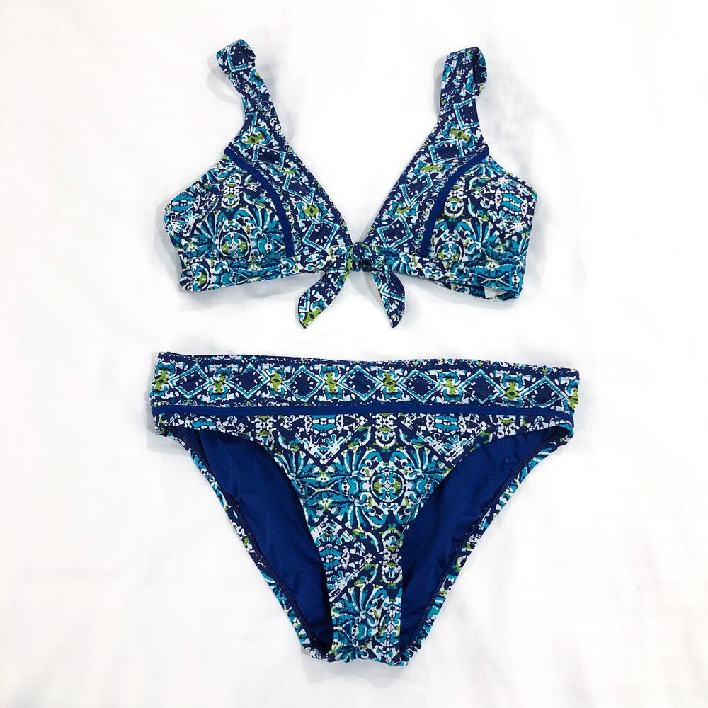 La Blanca Blue Tuvalu Tapa Front Tie 2 Piece Bikini Swim Set - Picture 6 of 7